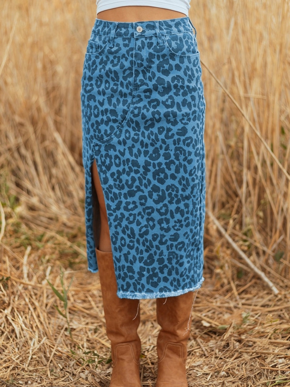 Sky Blue Leopard Print Denim Midi Skirt Side Slit Raw Hem Size M